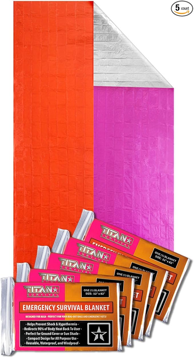 TITAN Survival - Mylar Survival Blankets 5 Pack - 90% Heat Retention & Waterproof Design - Emergency Blanket Cold Weather Protection & Survival Kits - Durable Space Blanket for Outdoor Use