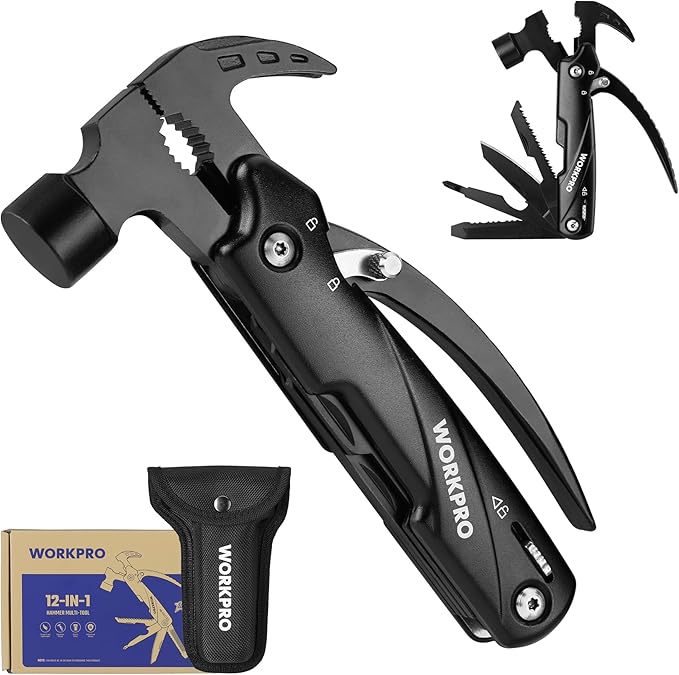 WORKPRO Multitool-12 in 1 Camping Tools with Mini Hammer-EDC Gear Multi Tools Hammer with Safety Lock and Pouch-Mini Multitools Gifts for Men and Women