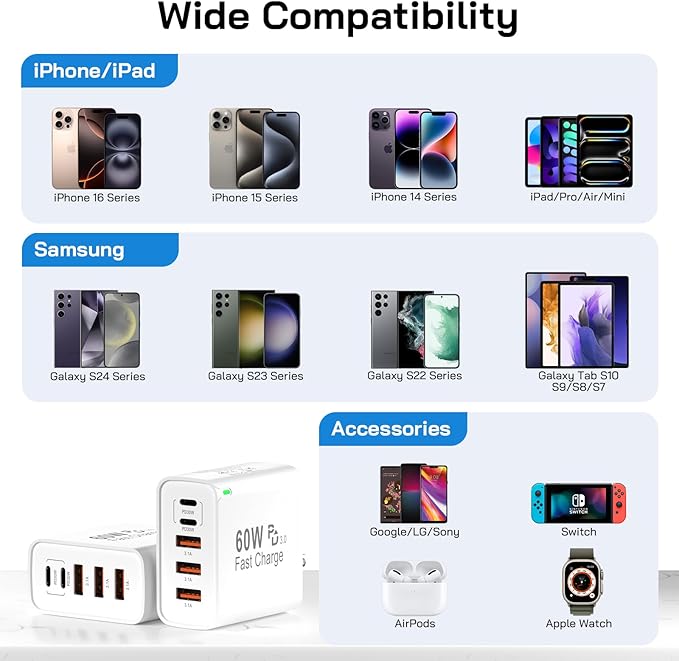 2Pack USB C Fast Charger Block, 60W 5-Port USB C Wall Charger 30W Type C Charging Block, 2USB C+3USB A PPS/PD 3.0 Multiport Charging Cube for iPhone 17 16 15 14 Pro Max,for Galaxy S25 S24 Ultra, i Pad