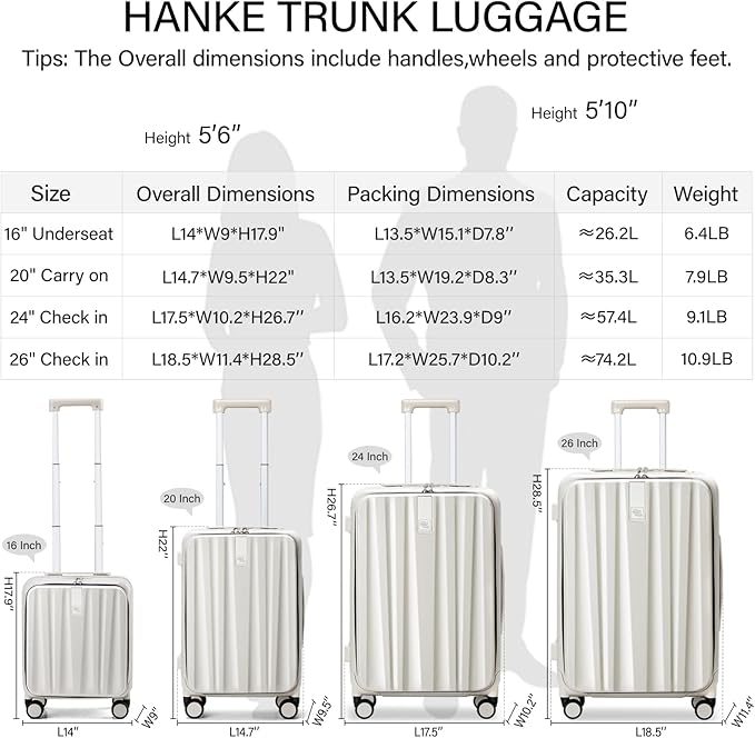 Hanke 26 Inch Large Luggage Suitcase Top Opening Aluminum Frame Travel Luggage Hard Shell Suitcases with Wheels for Woman Men.(Ivory white)