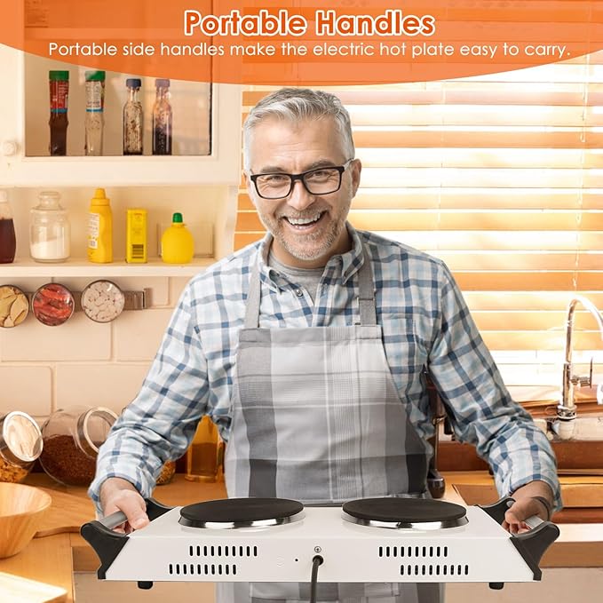 Hot Plate, 2000W Portable Electric Double Burner W/5 Level Temperature Control & Stay Cool Handles, Easy to Clean, Lightweight Cast Iron Electric Stove for Kitchen Camping Cooking, 110V