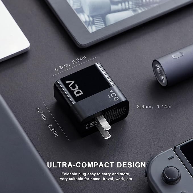 DCV 65W USB C Charger with 6.6ft C to C Cable, GaN 3-Port Fast Charging Block with LED Digital Display, PD/PPS/QC 3.0 Foldable Wall Charger for Laptops, MacBook, iPhone 15, Galaxy S23/S22, Note 20/10