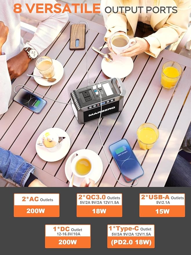 MARBERO 148Wh Portable Power Station Camping Portable Power Bank with AC Outlet 200W Camping Generator 40000mAh Battery Pack Solar Power Station for Outdoor Camping Home Office Emergency