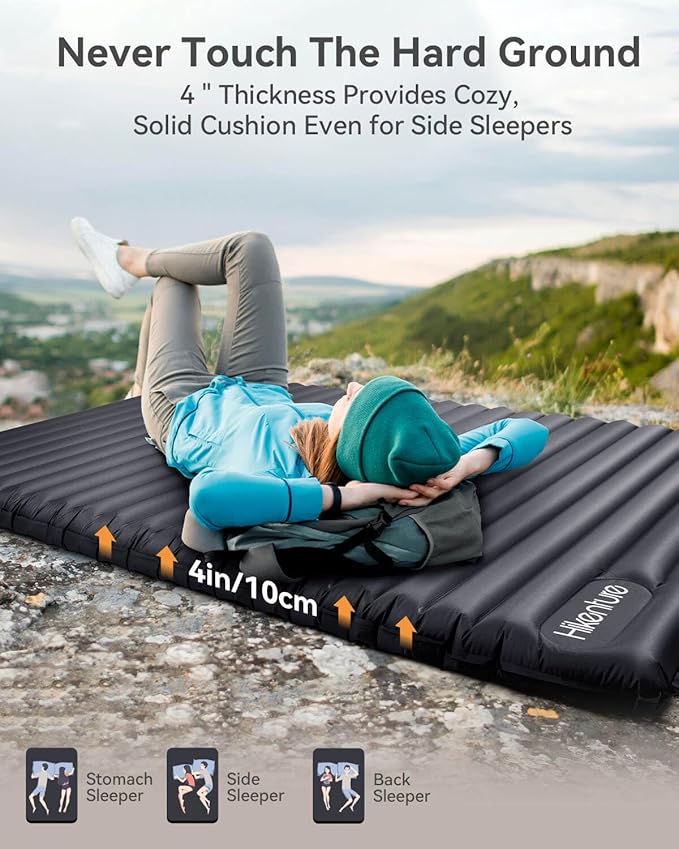 Hikenture Double Sleeping Pad for Camping, 4" Extra-Thick Camping Mattress 2 Person, Inflatable & Ultralight Sleeping Mat for Backpacking, Hiking (Grey Foot Pump, Semi Double(79 * 47.5 in))