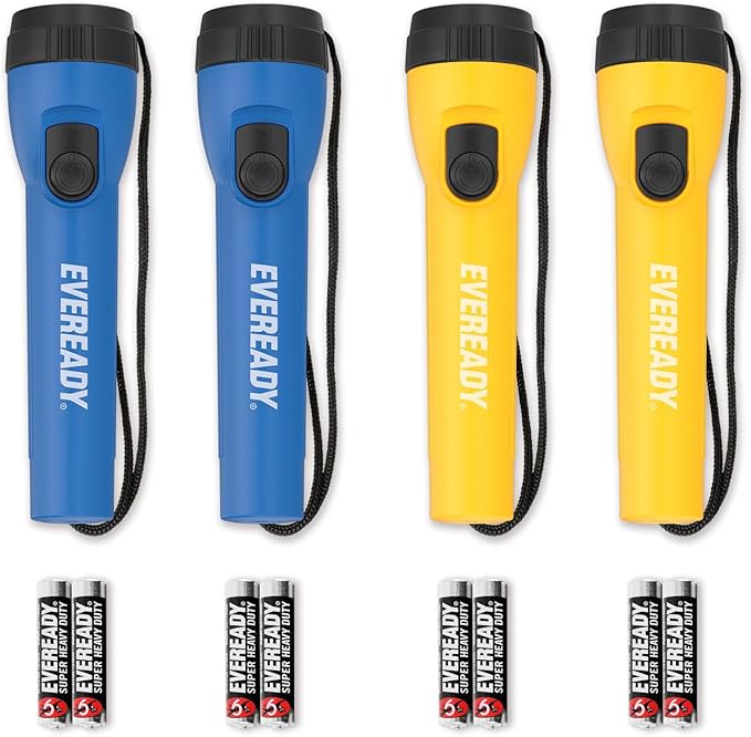 EVEREADY LED Flashlights (4-Pack), Bright Flashlights for Emergencies and Camping Gear, Flash Light with AA Batteries Included, Blue/Yellow (4-Pack)