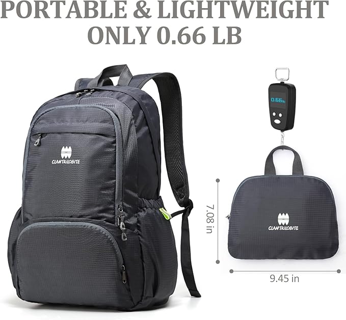 Lightweight Packable Travel Backpack, 30L Grey Daypack Hiking Backpack for Women Men, Waterproof and Foldable, Travel Backpack Carry on Flight Approved