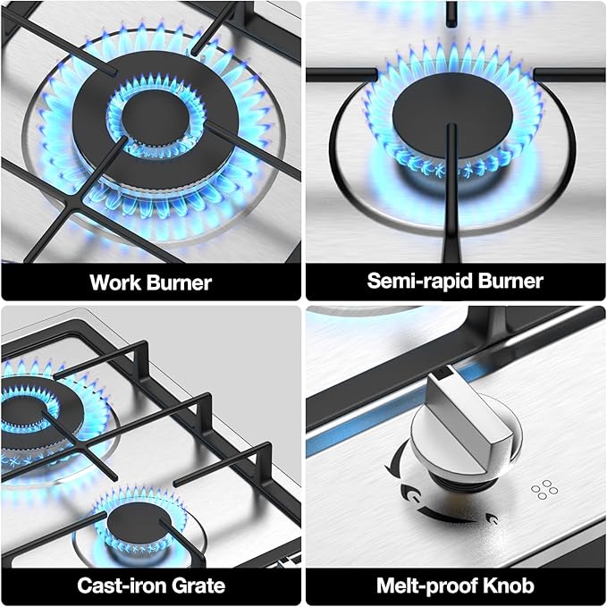 Gas Cooktop 2 Burner Propane Cooktop, Stainless Steel Propane Stove 12 inch, Bulit-in Gas Stove Top with Thermocouple Protection, Lpg/Ng Dual Fuel Drop-in Stove for Apartments, Outdoor, Rvs