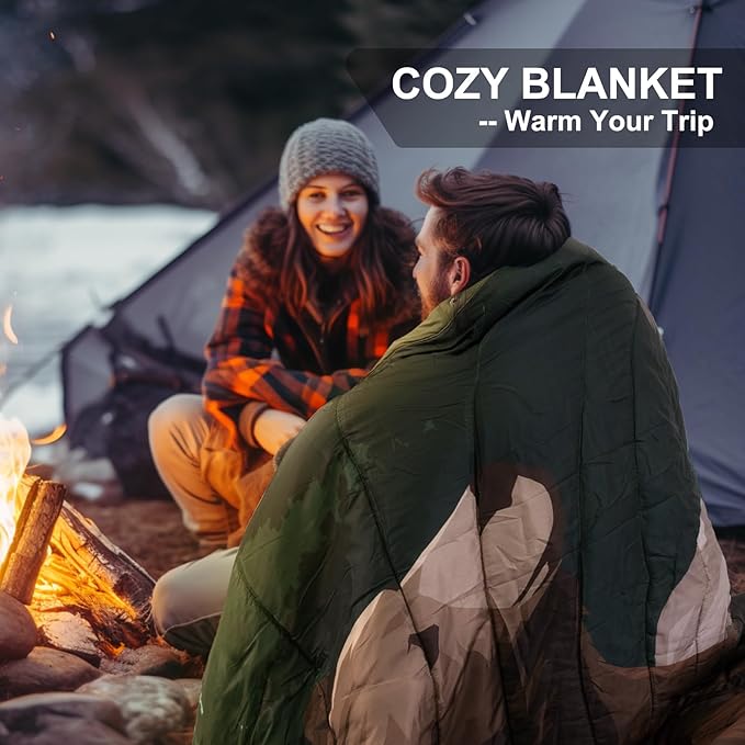 Outdoor Camping Blanket with Sherpa Lining, Extra Warm Thick Camp Blankets and Puffy Ultralight Soft Poncho DWR Camping Quilt for Cold Weather, Adventure, Sleeping, Backpacking 78"x 56"