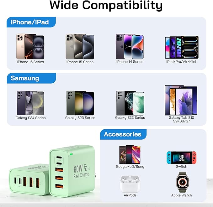 2Pack USB C Fast Charger Block, 60W 5-Port USB C Wall Charger 30W Type C Charging Block, 2USB C+3USB A PPS/PD 3.0 Multiport Charging Cube for iPhone 17 16 15 14 Pro Max,for Galaxy S25 S24 Ultra, i Pad