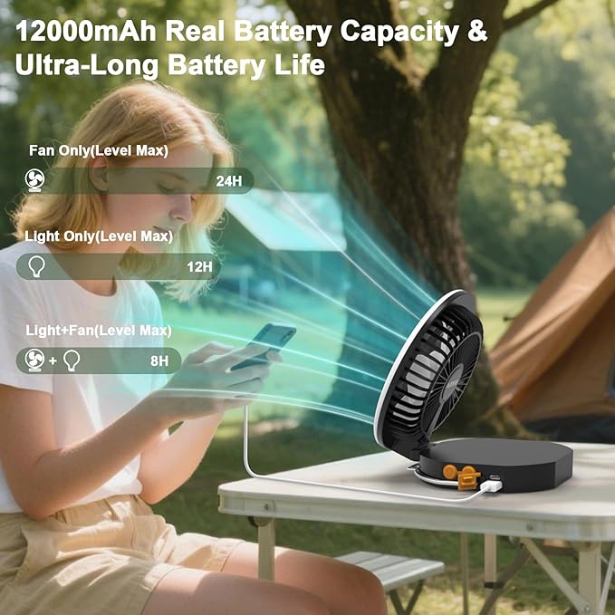 Portable Travel Fan Light, Rechargeable 12000mAh Camping Light, with Carring Bag, Silent Max 24 Hours Endurance, 2000LM 3 Lights Modes 2700K/4000K/6500K, for Vacation Outdoor Tent Light Camping