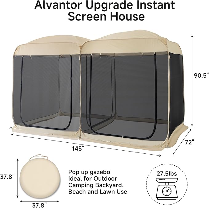 Alvantor Screen House Gazebo, 6-10-15 Person Pop Up Igloo Screened Canopy Tent with Mosquito Netting Sides, Instant UV Resistant Sun Shelter for Garden, Patio, Backyard