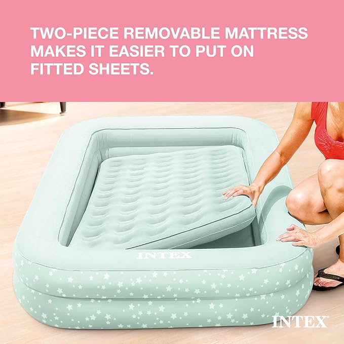 Intex Kids Travel Air Mattress Inflatable Bed with Raised Sides and Hand Pump - Portable Blow-Up Toddler Traveler Bed for Children's Naps or Sleep