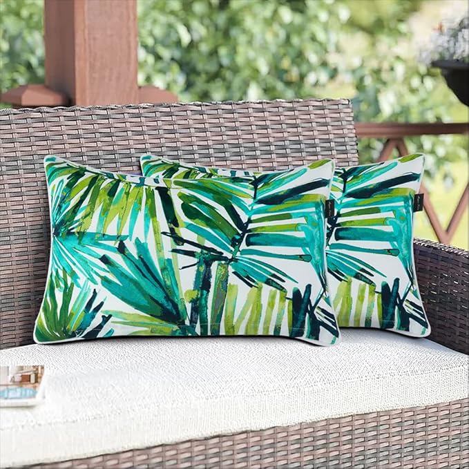 Magpie Fabrics Set of 2 Lumbar Throw Pillow with Insert 12x20 Inch, Outdoor Rectangular Waterproof Home Decorative Toss Cushion for Patio Garden Car Office - Green Palm Leaves