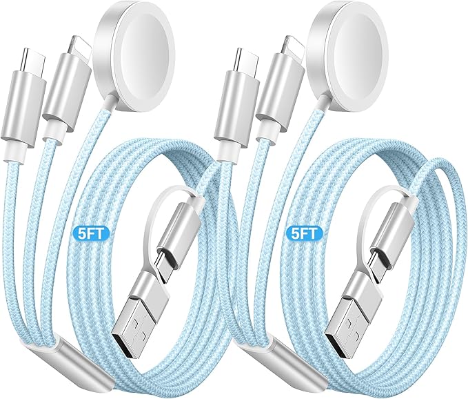 Temdan 2Pack for Apple Watch Charger, 3 in 2 Multi Charging Cable, iPhone Charger, USB A/Type C/Lightning Cable, Portable Travel Essentials Designed for iWatch Ultra/SE/10-1 & iPhone 16-12/ iPad-5Ft