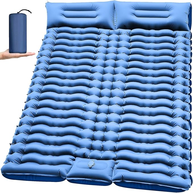 Camping Sleeping Pad, Ultralight Camping Mat with Pillow, Built-in Foot Pump Inflatable Sleeping Pads Compact for Camping Backpacking Hiking Traveling Tent,Double, Blue.