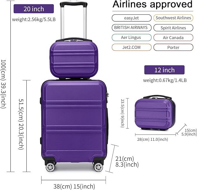 Kono Carry On Luggage Set Lightweight Airline Approved Carry On Suitcase with TSA Lock Spinner Wheels Durable Luggage Hardside Purple