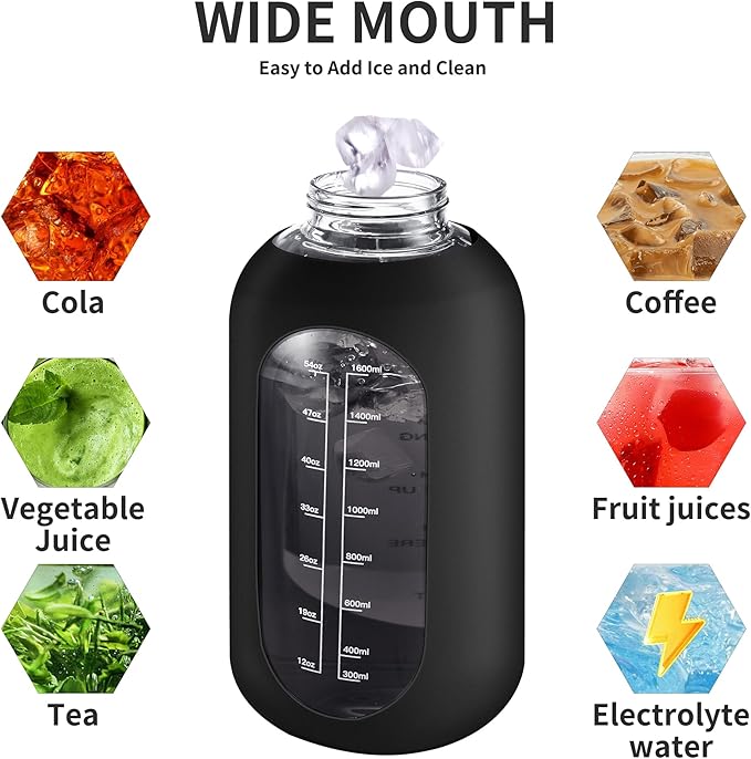 CIVAGO 64 oz Glass Water Bottle Jug with Straw and Handle, Half Gallon Sports Motivational Bottle with Time Marker, Large Flask Canteen with Silicone Sleeve for Gym, Army Green