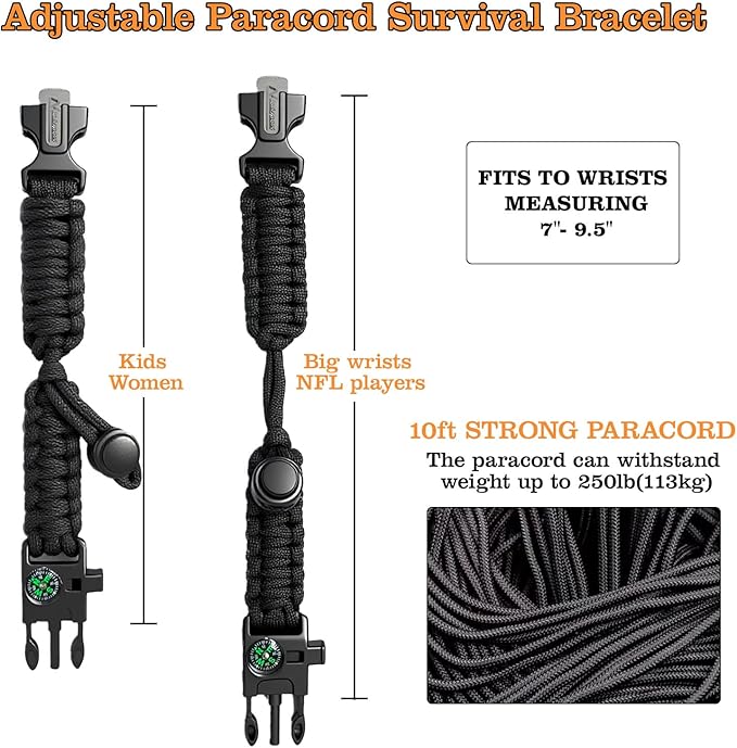 Paracord Survival Bracelet (3 Pack) - Adjustable with Fire Starter, Whistle, Compass - Survival Gear for Hiking, Camping, Fishing