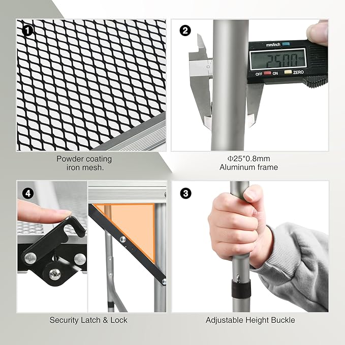 REDCAMP 48x24 Long Folding Grill Table for Outside, Lightweight Portable Metal Aluminum Outdoor Grill Table with Adjustable Height Legs, Great for Camping Picnic Cooking BBQ, Silver 4ft