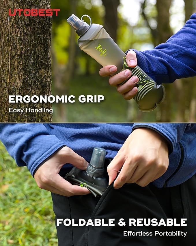 UTOBEST 500ml Soft Flask, 2 Pack Flexible TPU Hydration Water Bottle, Collapsible with 28mm Caliber for Running, Hiking, Cycling, Climbing, and Marathon Green