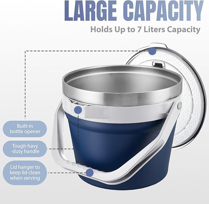 COKTIK 7L Vacuum Insulated Ice Bucket with Lid and Scoop& Tongs，Large capacity Stainless Steel Beverage Bucket for Cocktail, Champagne, Wine, Beer，Large Parties（Dark Blue Suit）