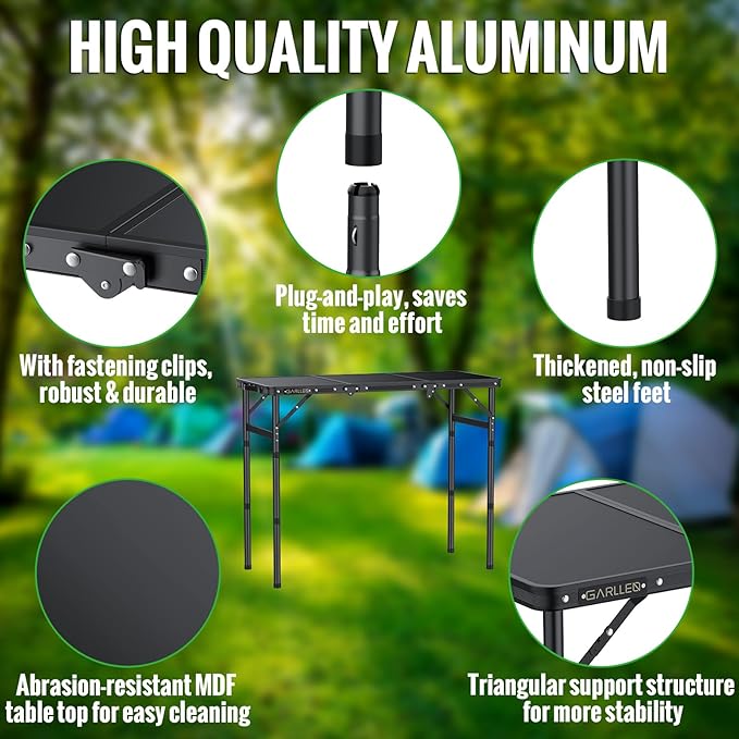 GARLLEN Folding Camping Table, 3-Adjustable Height Portable Picnic Table with Carrying Bag, Lightweight Aluminum Folding Outdoor Table for Camping, BBQ, Picnic, 34.2" L x 15.7" W, Black