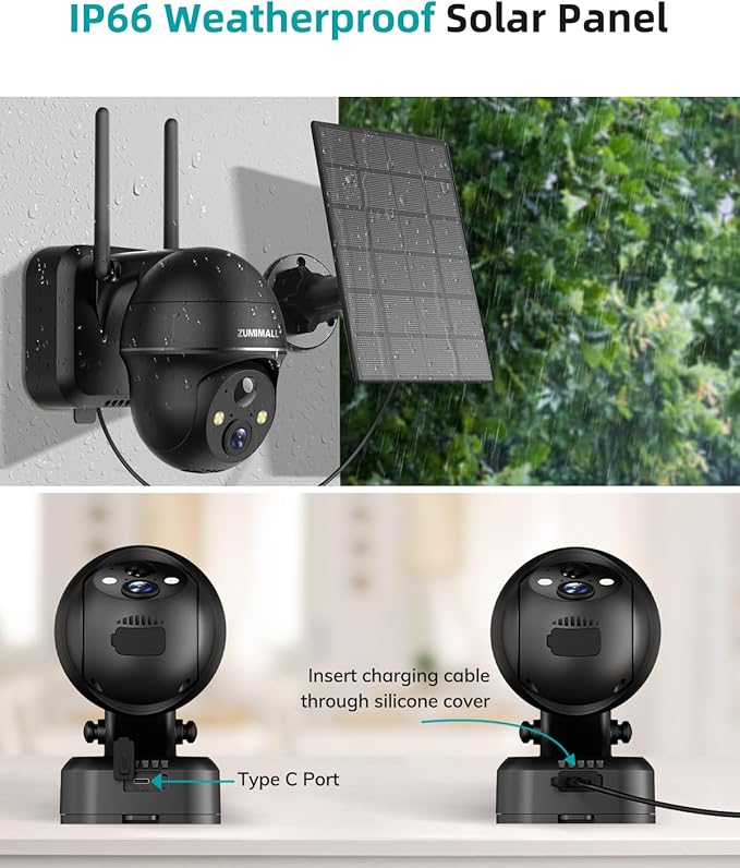 ZUMIMALL 3W Solar Panel for Outdoor Camera Wireless Camera,X2/X1/F5, IP66 Waterproof Solar Panel with 10Ft Type C Charge Cable, Power Supply for Security Camera（Type C Port）