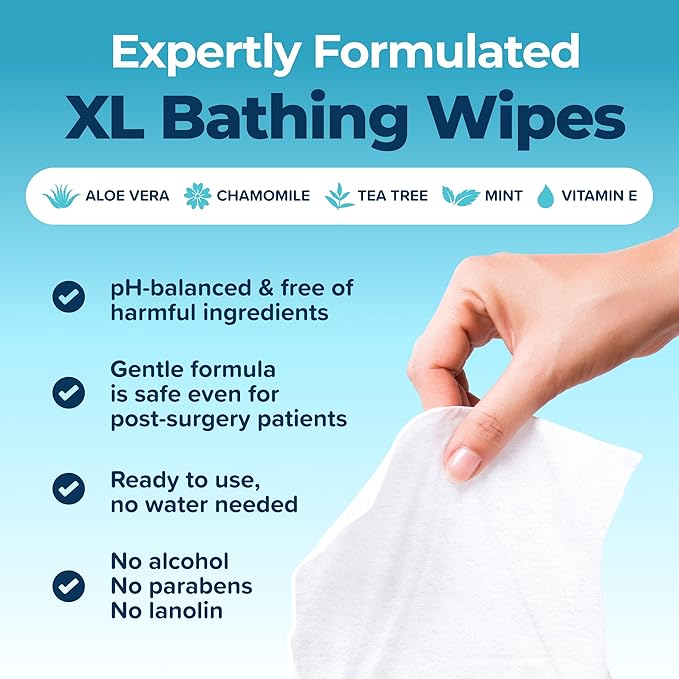 Body Wipes For Adults Bathing No Rinse 100pc XL - Ultra Thick Shower Wipes For Men Women - Personal Cleansing, Hygiene & Camping Essentials, Elderly Care, Travel, Incontinence Disposable Washcloths