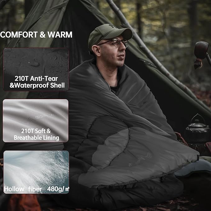 BISINNA 0 Degree Winter Sleeping Bags(480GSM) for Adults-Cold Weather Camping Sleeping Bag-Comfortable Warm Portable Sleeping Bags with Pillow Compression Sack for Backpacking Hiking Outdoor