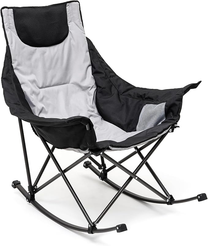 SUNNYFEEL Oversized Rocking Camping Chair, Fully Padded Patio Chair with Side Pocket, High Back Portable Lawn Recliner with Headrest, Outdoor Camp Rocker Chairs for Adults Heavy Duty 300 LBS