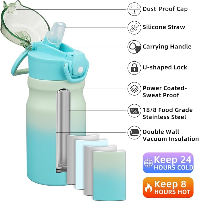 BJPKPK Water Bottle With Straw 14oz Insulated Water Bottles Reusable Stainless Steel Metal Thermo With Leak Proof Lockable Lid And Carry Handle,Mint