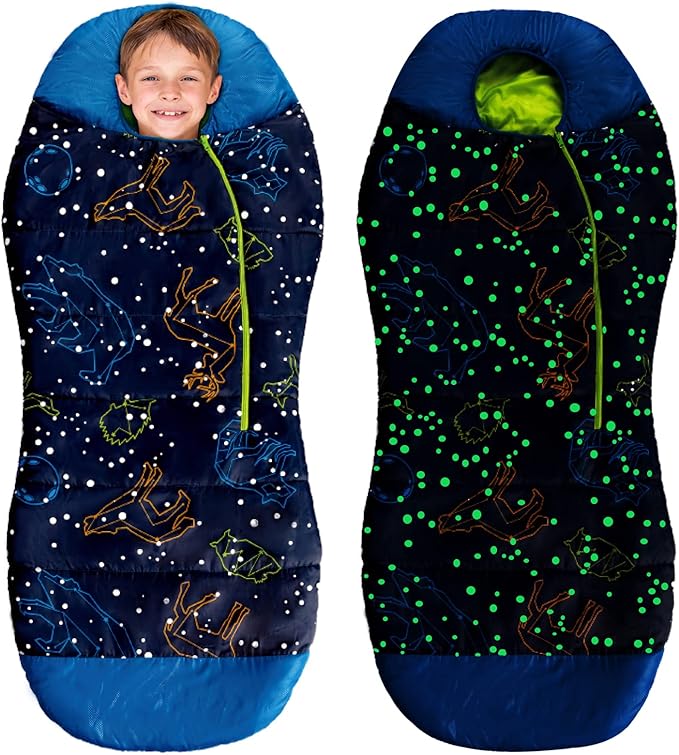 AceCamp Glow in The Dark Mummy Sleeping Bag for Kids and Youth, Temperature Rating 30°F/-1°C, Water-Resistant for Camping, Hiking, and Slumber Party