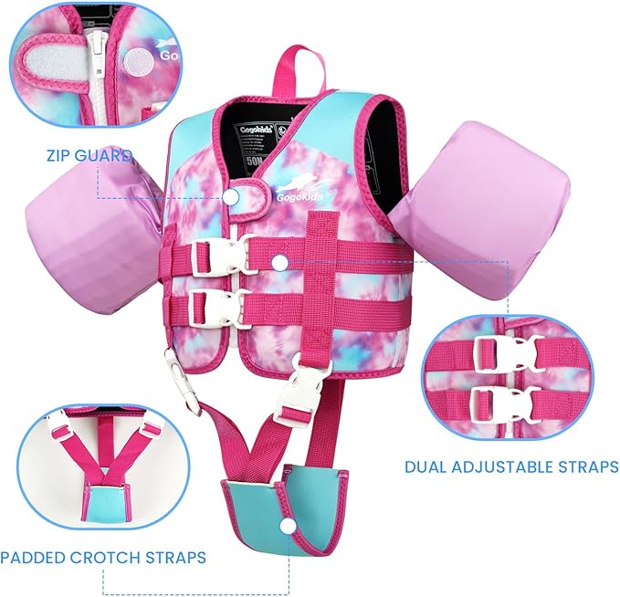 Gogokids Swim Vest for Kids Learn to Swim, Toddler Floaties Fit 20-50 lbs Girls & Boys, Buoyancy Jacket Swimming Aid with Duel Adjustable Safety Strap and Padded Crotch Straps