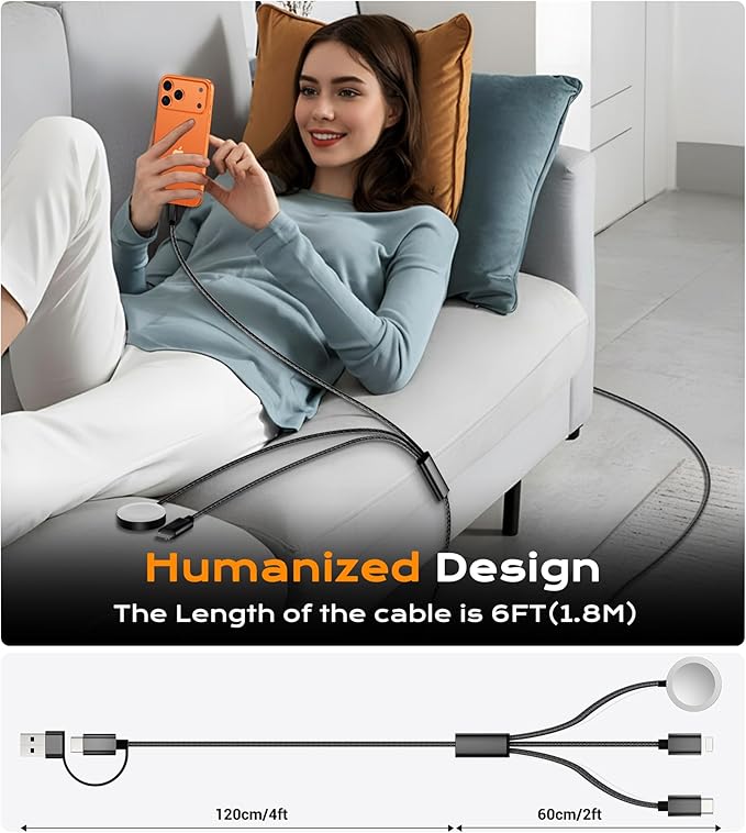 Temdan for Travel Vacation Essentials,3 in 2 USB C Cable for Apple Watch Charger/iPhone 17 Charger/Lightning,Multi Charging Cable Cord,Camping Essentials,Designed for iWatch &iPhone 16-12-6FT Black