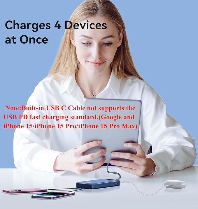 Portable Charger Built-in Cables for iPhone Samsung iPad Android Phone, 20000mAh Power Bank Fast Charging, Smart LED Display Battery Pack 2-Port Output Traveling- Dark Blue