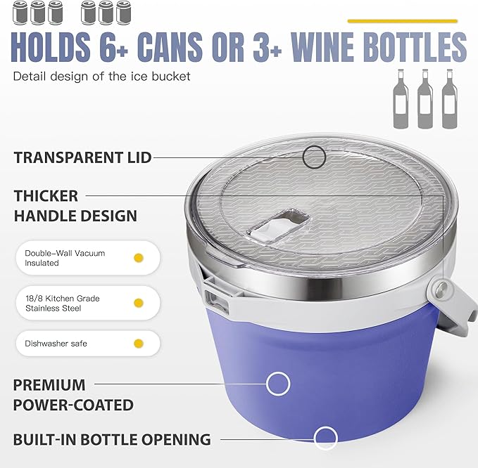 COKTIK 7L Vacuum Insulated Ice Bucket with Lid and Scoop& Tongs，Large capacity Stainless Steel Beverage Bucket for Cocktail, Champagne, Wine, Beer，Large Parties（Purple Suit）
