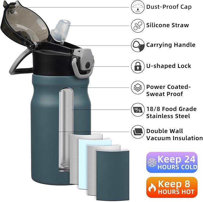 BJPKPK Insulated Water Bottle 14oz Stainless Steel Water Bottles With Straw And Carry Handle Double Wall Metal Thermo,Dark Grey
