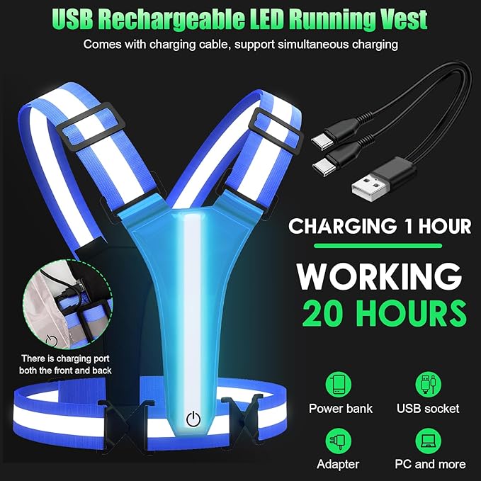 LED Reflective Vest Running Gear, 5 Colors Lights Up Running Vest for Night Walking Cycling Jogging, Adjustable Size for Men Women Kids, Rechargeable and High Visible