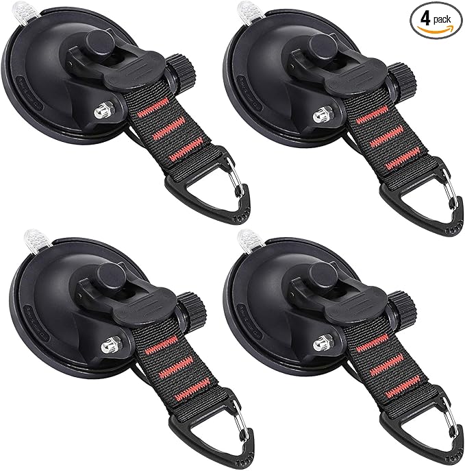 CONBOLA Suction Cup Hooks Heavy Duty 4 Pieces Car Camping Essentials Upgraded Tie Down Suction Cup Camper Accessories with Securing Hook Strong Power for RV Boat Window Glass Camping Trap.(4 pcs)