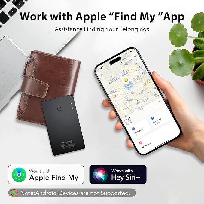 CASCHO Wallet Tracker Card [Apple MFi Certified] Air Tracker Tag, 0.06in Rechargeable Smartcard Work with Apple Find My, Keys Finder and Item Locator for Passport, Bags, Laptop, Black 1 Pack, iOS only