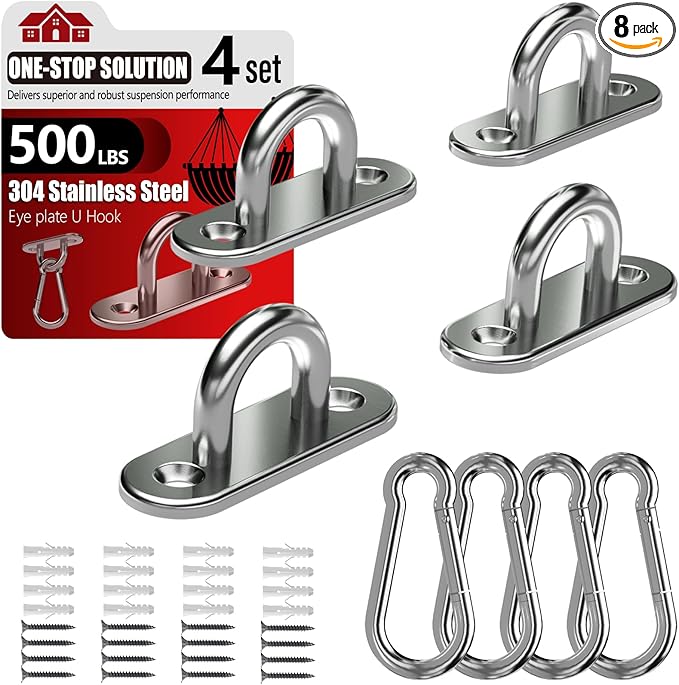 sprookber 304 Stainless Steel Pad Eye Snap Hooks, M5 Heavy Duty Ceiling Hooks, 500 lb Capacity Hammock Swing Hanging kit, Plant Hangers, Marine Hardware Staple Hook Loop with Screws, Set of 8