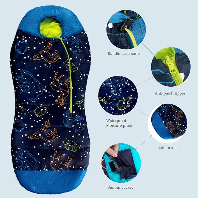 AceCamp Glow in The Dark Mummy Sleeping Bag for Kids and Youth, Temperature Rating 30°F/-1°C, Water-Resistant for Camping, Hiking, and Slumber Party