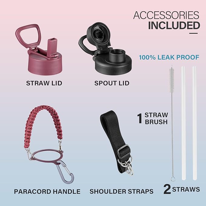 KXIAOCHEN Insulated Water Bottle, Stainless Steel Water Bottle, 2 Lids (Straw and Handle Lid),Wide Mouth Metal Water Bottles Keep Hot and Cold, Double Walled, Thermo Mug, Metal Canteen