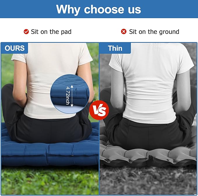 Sleeping Pad for Camping, Ultralight 4.7" Extra-Thick Inflatable Camping mat with Pillow Built-in Foot Pump, Compact Lightweight Air Mattress for Backpacking Hiking Car Travel Tent, Navy Blue