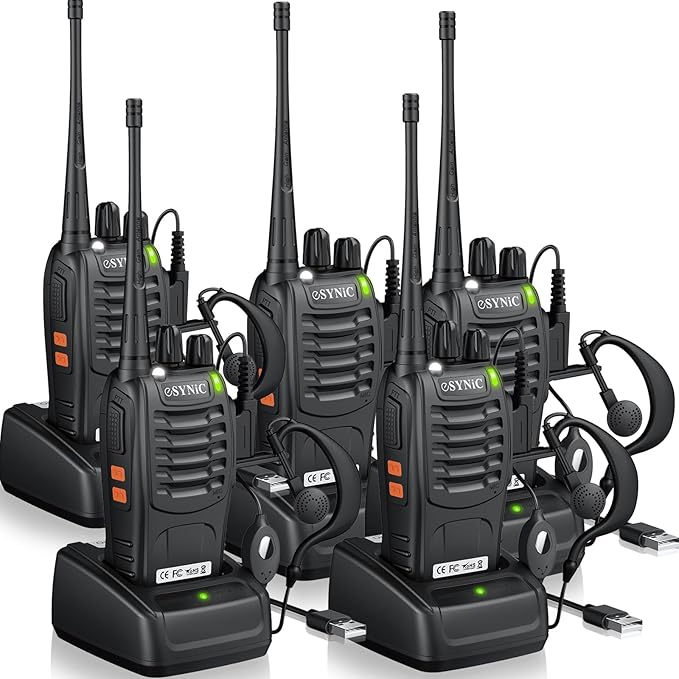 eSynic 5-Pack Professional Walkie Talkies - 5KM Long Range 16CH Rechargeable Two-Way Radios- Includes 5 Headsets & Charging Base, VOX Hands-Free for Job Sites/Camping/Family Outdoor (Ideal Gift Set)