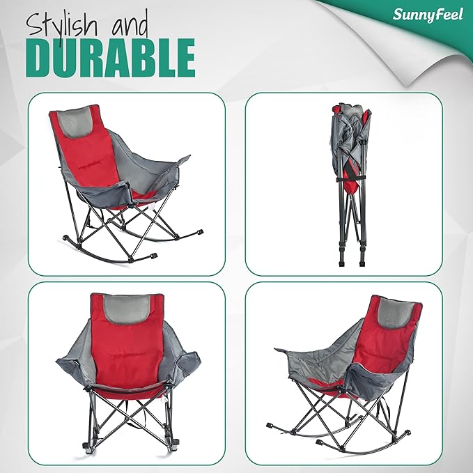 SUNNYFEEL Rocking Camping Chair, Luxury Padded Recliner, Oversized Folding Lawn Chair with Pocket, Heavy Duty for Outdoor/Picnic/Lounge/Patio, Portable Camp Rocker Chairs with Carry Bag