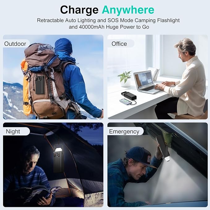 Portable Charger 40000mAh Power Bank Built-in Cable,PD 22.5w Fast Charging Powerbank, LED Display External Battery Pack with Retractable Auto Lighting, Travel Phone Charger for iPhone,Samsung,Google