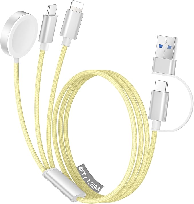 Temdan for Travel Vacation Essentials,3 in 2 USB C Cable for Apple Watch Charger/iPhone 17 Charger/Lightning,Multi Charging Cable Cord,Camping Essentials,Designed for iWatch &iPhone 16-12-4FT Yellow