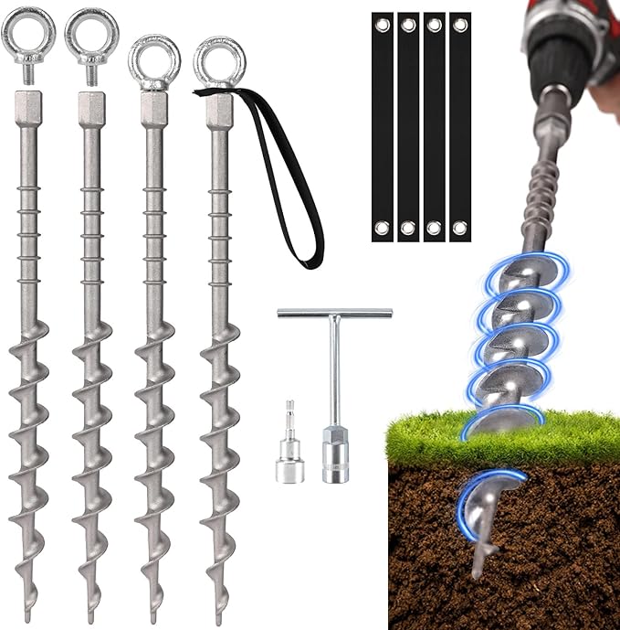 4 PCS Screw in Tent Stakes for Women Men Ground Anchors for Sand, Trampolines, Camping - Aluminium Heavy Duty Rust Prevention Pegs Spikes Drillable Threaded Anchor Stake - Silvery 14 inch