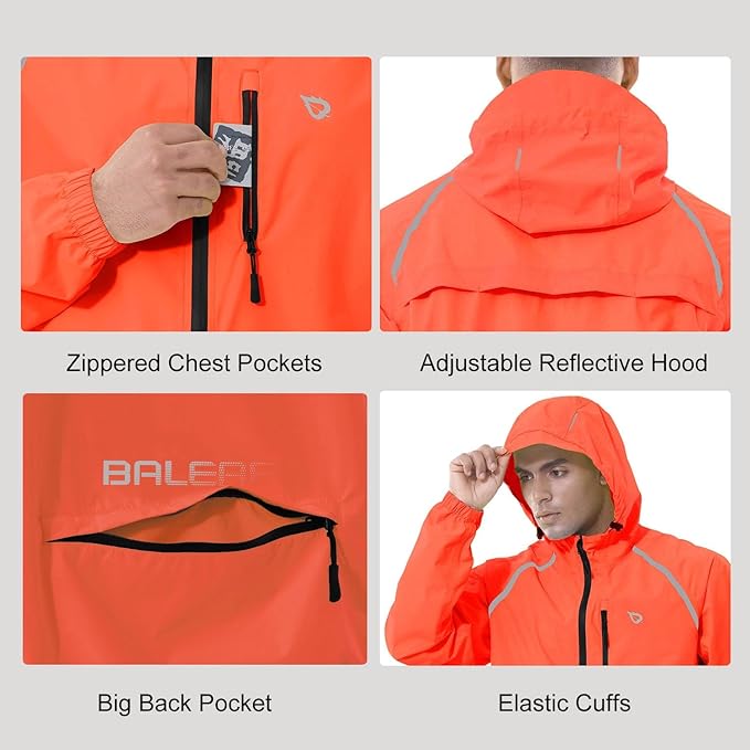 baleaf Men's Rain Jacket Waterproof Windbreaker Raincoat Running Cycling Hiking Gear Hood Lightweight Reflective Packable